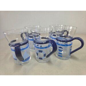 Inspiration Glass Mugs Set of 5 Blue Nautical 10oz Cap Removable Handles VTG Y2K